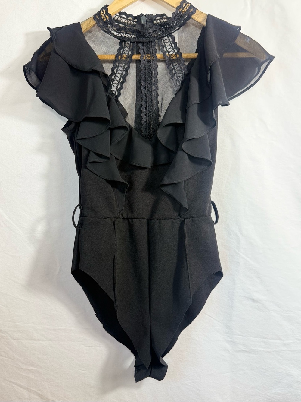 Valentine Ruffle Lace-Back Black Bodysuit
